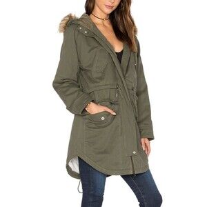 Sanctuary Kara Faux Fur Trimmed Hooded  Shirt Tail Hem Parka  XS Military Green